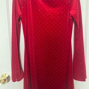 Red Velvet Long Sleeve Dress with Rhinestones